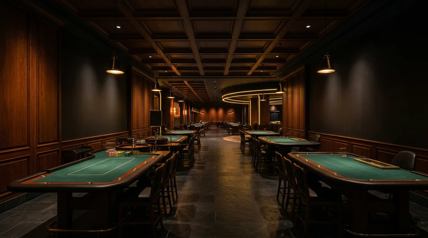 Architektonická vizualizace konceptu herního sálu kamenného kasina s osvětlenými herními stoly a elegantním interiérem.